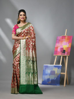CHARUKRITI - Scarlet Red Silk Banarasi Saree with Zari Woven Designs & Unstitched Blouse