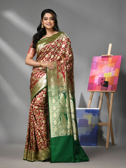 CHARUKRITI - Ruby Red Silk Banarasi Saree with Zari Woven Designs & Unstitched Blouse