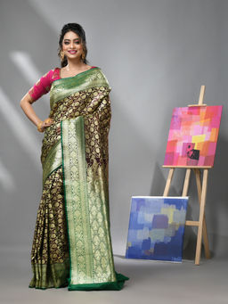 CHARUKRITI - Dark Chocolate Silk Banarasi Saree with Zari Woven Designs & Unstitched Blouse
