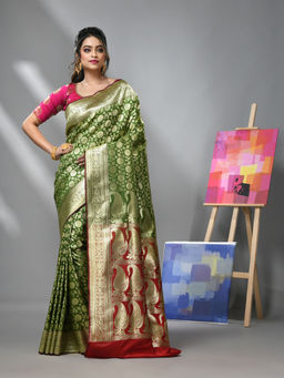 CHARUKRITI - Pear Green Silk Banarasi Saree with Zari Woven Designs & Unstitched Blouse