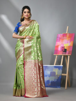 CHARUKRITI - Light Green Silk Banarasi Saree with Zari Woven Designs & Unstitched Blouse