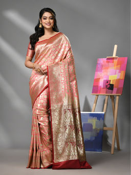 CHARUKRITI - Watermelon Pink Silk Banarasi Saree with Zari Woven Designs & Unstitched Blouse
