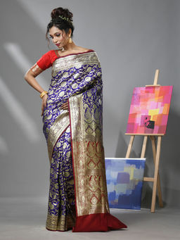 CHARUKRITI - Ultra Blue Silk Banarasi Saree with Zari Woven Designs & Unstitched Blouse
