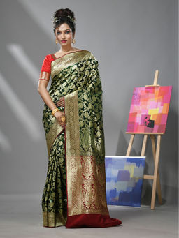 CHARUKRITI - Green Silk Banarasi Saree with Zari Woven Designs & Unstitched Blouse