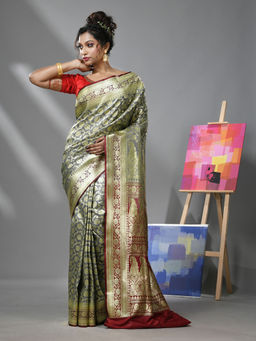 CHARUKRITI - Light Grey Silk Banarasi Saree with Zari Woven Designs & Unstitched Blouse