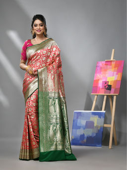 CHARUKRITI - Coral Silk Banarasi Saree with Zari Woven Designs & Unstitched Blouse