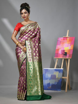 CHARUKRITI - Purple Silk Banarasi Saree with Zari Woven Designs & Unstitched Blouse