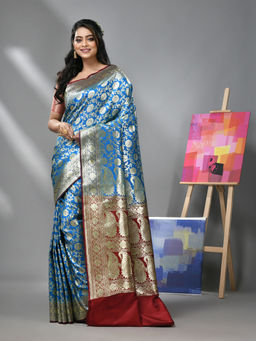 CHARUKRITI - Sky Blue Silk Banarasi Saree with Zari Woven Designs & Unstitched Blouse