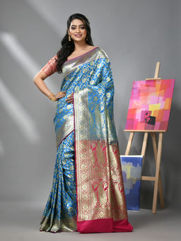 CHARUKRITI - Sky Blue Silk Banarasi Saree with Zari Woven Designs & Unstitched Blouse