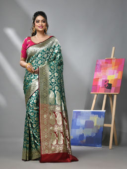 CHARUKRITI - Green Silk Banarasi Saree with Zari Woven Designs & Unstitched Blouse
