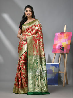 CHARUKRITI - Red Silk Banarasi Saree with Zari Woven Designs & Unstitched Blouse