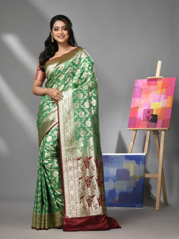 CHARUKRITI - Green Silk Banarasi Saree with Zari Woven Designs & Unstitched Blouse