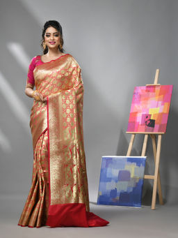 CHARUKRITI - Coral Silk Banarasi Saree with Zari Woven Designs & Unstitched Blouse