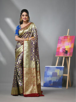 CHARUKRITI - Purple Silk Banarasi Saree with Zari Woven Designs & Unstitched Blouse