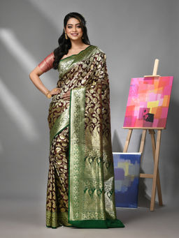 CHARUKRITI - Dark Chocolate Silk Banarasi Saree with Zari Woven Designs & Unstitched Blouse