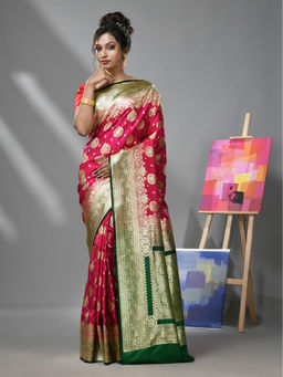 CHARUKRITI - Hot Pink Silk Banarasi Saree with Zari Woven Designs & Unstitched Blouse
