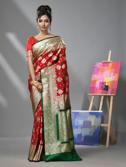 CHARUKRITI - Red Silk Banarasi Saree with Woven Degins & Unstitched Blouse