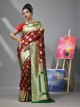CHARUKRITI - Scarlet Red Silk Banarasi Saree with Woven Degins & Unstitched Blouse