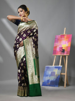 CHARUKRITI - Wine Silk Banarasi Saree with Woven Degins & Unstitched Blouse