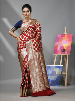 CHARUKRITI - Dark Red Silk Banarasi Saree with Woven Degins & Unstitched Blouse