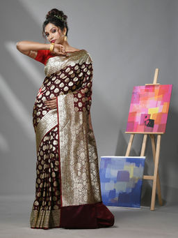 CHARUKRITI - Maroon Silk Banarasi Saree with Woven Degins & Unstitched Blouse