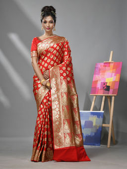 CHARUKRITI - Red Silk Banarasi Saree & Unstitched Blouse