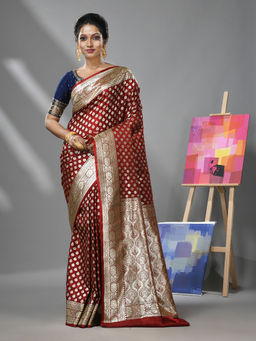 CHARUKRITI - Dark Red Silk Banarasi Saree with Woven Designs & Unstitched Blouse