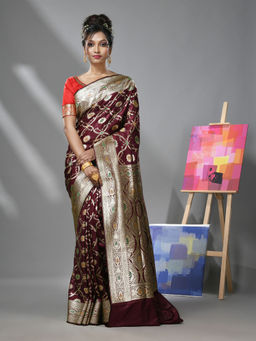CHARUKRITI - Maroon Silk Banarasi Saree with Meenakari Designs & Unstitched Blouse