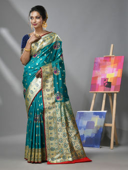 CHARUKRITI - Teal Silk Banarasi Saree with Woven Designs & Unstitched Blouse