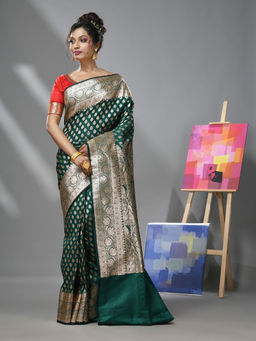 CHARUKRITI - Emerald Green Katan Silk Banarasi Saree with Zari Woven Designs & Unstitched Blouse