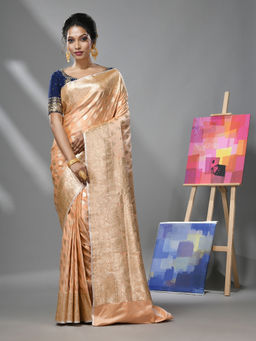 CHARUKRITI - Peach Katan Silk Banarasi Saree with Zari Woven Designs & Unstitched Blouse