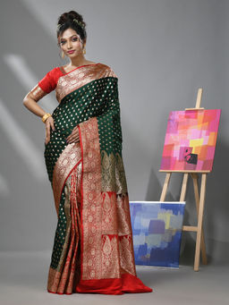 CHARUKRITI - Green Katan Silk Banarasi Patli Pallu Saree with Zari Woven Designs & Unstitched Blouse