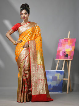CHARUKRITI - Orange Katan Silk Banarasi Patli Pallu Saree with Zari Woven Designs & Unstitched Blouse