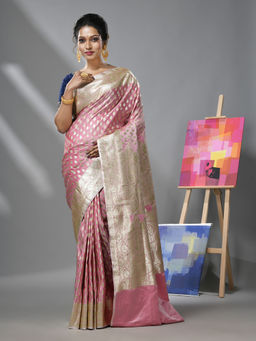 CHARUKRITI - Rosewood Pink Katan Silk Banarasi Saree with Zari Woven Designs & Unstitched Blouse
