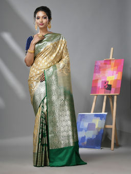 CHARUKRITI - Ecru Katan Silk Banarasi Patli Pallu Saree with Zari Woven Designs & Unstitched Blouse