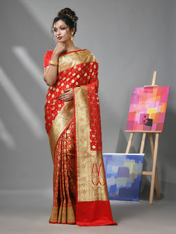 CHARUKRITI - Red Katan Silk Banarasi Saree with Zari Woven Designs & Unstitched Blouse