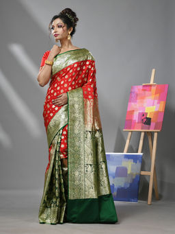 CHARUKRITI - Red Katan Silk Banarasi Patli Pallu Saree with Zari Woven Designs & Unstitched Blouse