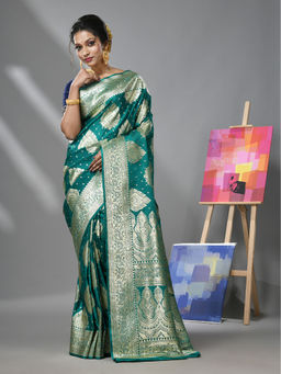 CHARUKRITI - Teal Katan Silk Banarasi Saree with Zari Woven Designs & Unstitched Blouse