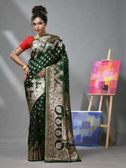 CHARUKRITI - Emerald Green Katan Silk Banarasi Saree with Zari Woven Designs & Unstitched Blouse