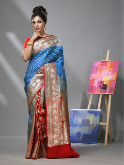 CHARUKRITI - Sky Blue Katan Silk Banarasi Patli Pallu Saree & Unstitched Blouse