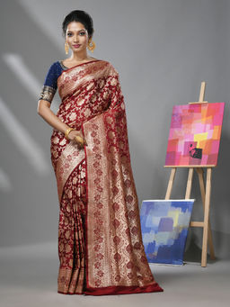 CHARUKRITI - Maroon Katan Silk Banarasi Saree with Zari Woven Designs & Unstitched Blouse