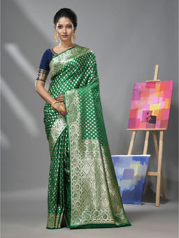 CHARUKRITI - Green Katan Silk Banarasi Saree with Zari Woven Designs & Unstitched Blouse