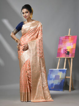 CHARUKRITI - Creamy Peach Katan Silk Banarasi Saree with Zari Woven Designs & Unstitched Blouse