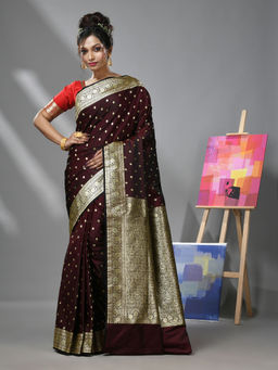 CHARUKRITI - Maroon Katan Silk Banarasi Saree with Zari Woven Designs & Unstitched Blouse