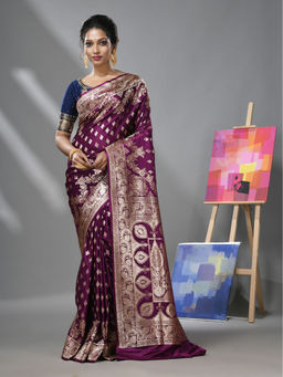 CHARUKRITI - Purple Katan Silk Banarasi Saree with Zari Woven Designs & Unstitched Blouse
