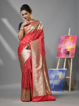 CHARUKRITI - Red Katan Silk Banarasi Saree with Zari Woven Designs & Unstitched Blouse