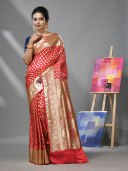 CHARUKRITI - Coral Katan Silk Banarasi Saree with Zari Woven Designs & Unstitched Blouse