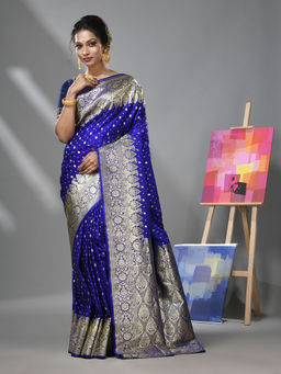 CHARUKRITI - Blue Katan Silk Banarasi Saree with Zari Woven Designs & Unstitched Blouse