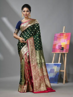 CHARUKRITI - Castleton Green Katan Silk Banarasi Patli Pallu Saree & Unstitched Blouse