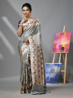CHARUKRITI - Grey Katan Silk Banarasi Saree with Zari Woven Designs & Unstitched Blouse